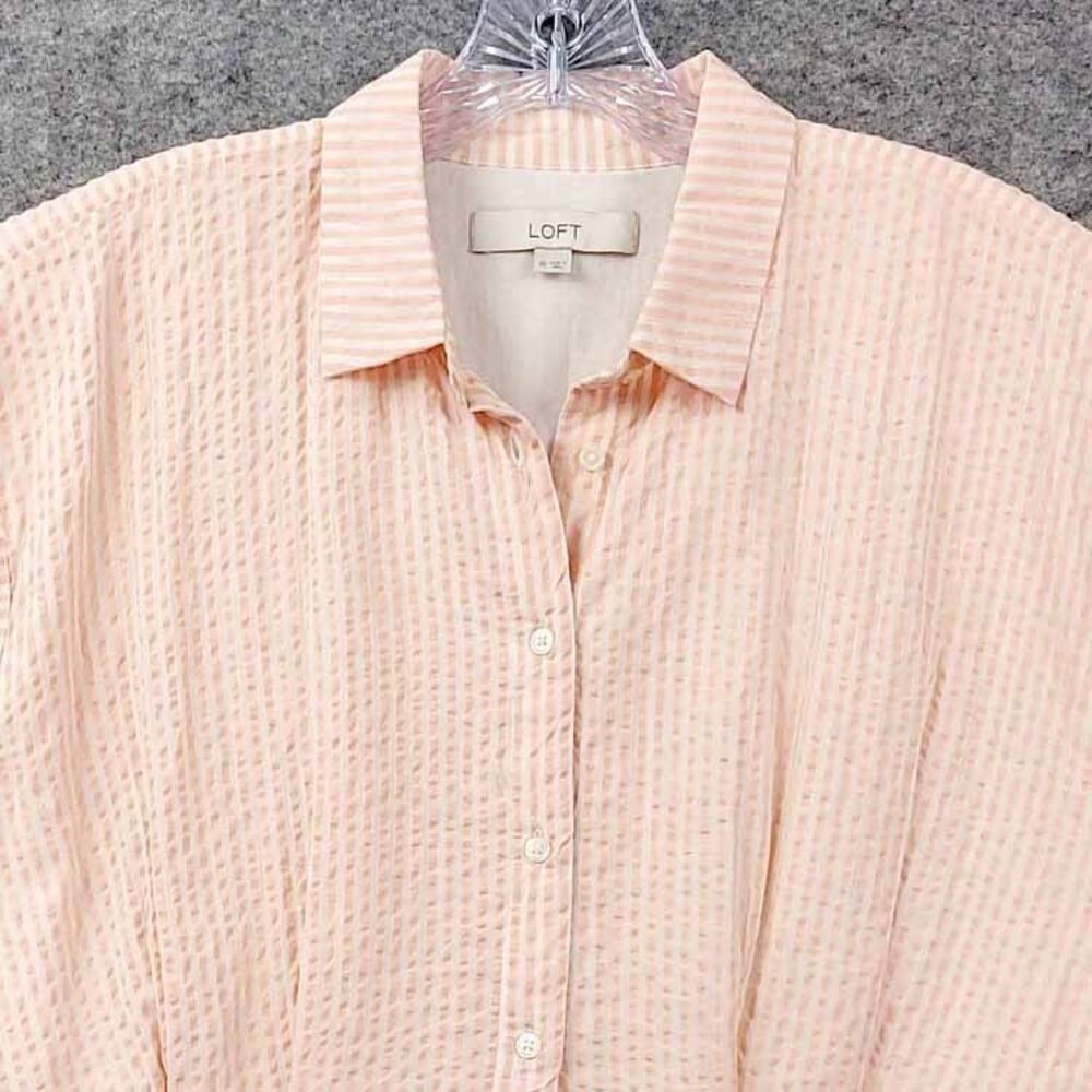 LOFT Pink White Seersucker Belted Midi Shirt Dress Size 10 - Picture 4 of 12